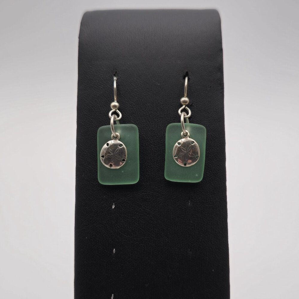 Sterling Silver Green Sea Glass Sand Dollar Earrings A2421
